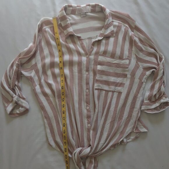 Vixbe Womens Top XL Roll Tab Sleeve Button Up Striped Rayon Coastal Beachy - Picture 7 of 10